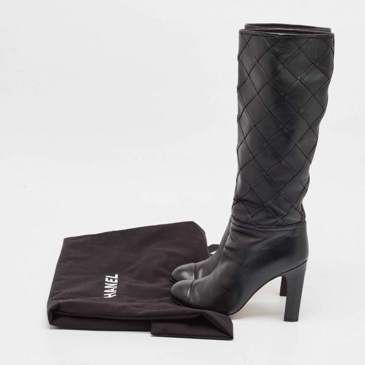 Pre Owned Chanel Black Leather CC Cap Toe  Mid Calf Boots Size 36.5