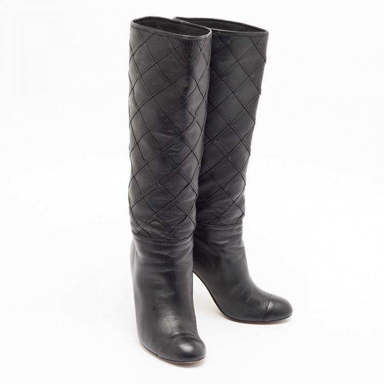 Pre Owned Chanel Black Leather CC Cap Toe  Mid Calf Boots Size 36.5