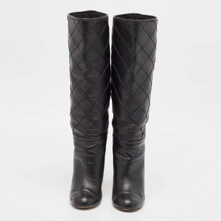 Pre Owned Chanel Black Leather CC Cap Toe  Mid Calf Boots Size 36.5