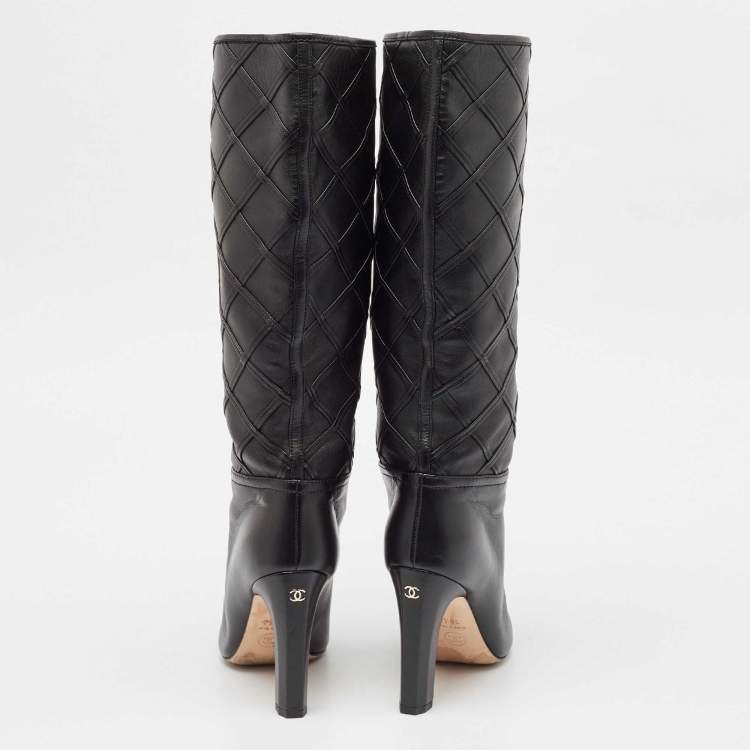 Pre Owned Chanel Black Leather CC Cap Toe  Mid Calf Boots Size 36.5