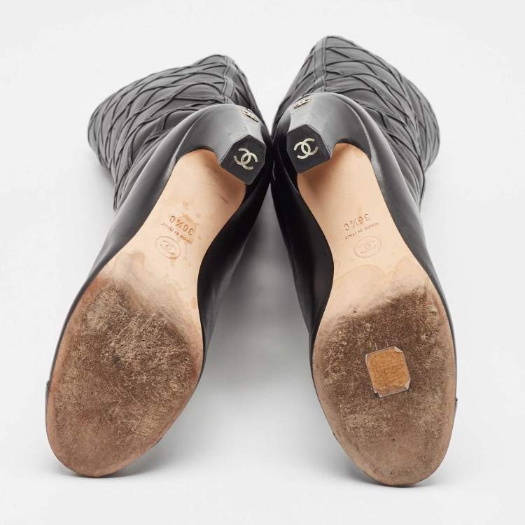 Pre Owned Chanel Black Leather CC Cap Toe  Mid Calf Boots Size 36.5