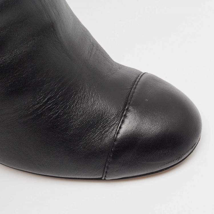 Pre Owned Chanel Black Leather CC Cap Toe  Mid Calf Boots Size 36.5