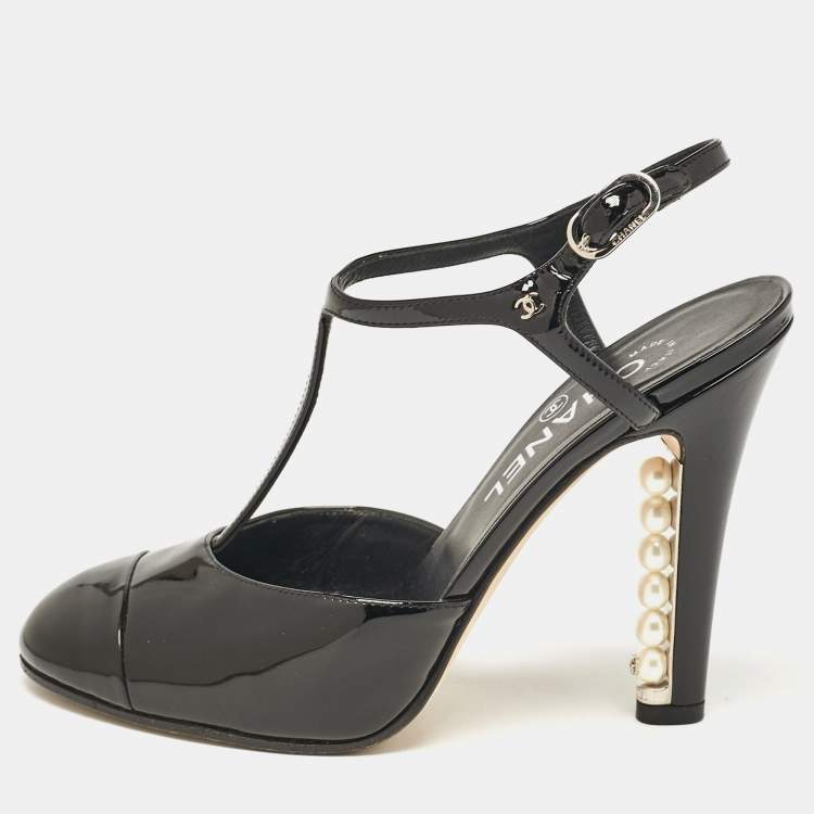 Pre Owned Chanel Black Patent Leather CC Faux Pearl Heel T-Strap Pumps Size 36.5