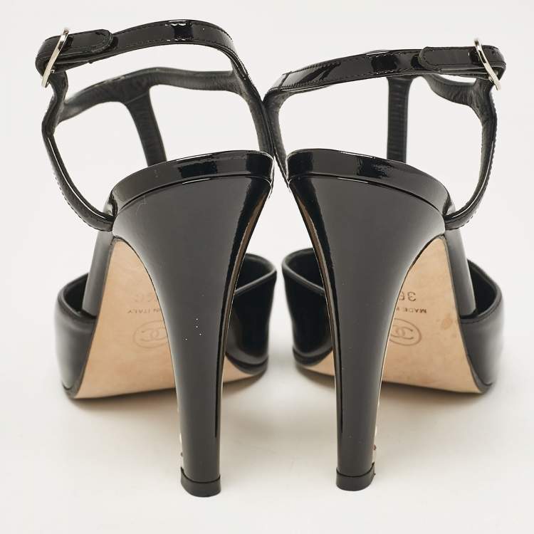 Pre Owned Chanel Black Patent Leather CC Faux Pearl Heel T-Strap Pumps Size 36.5