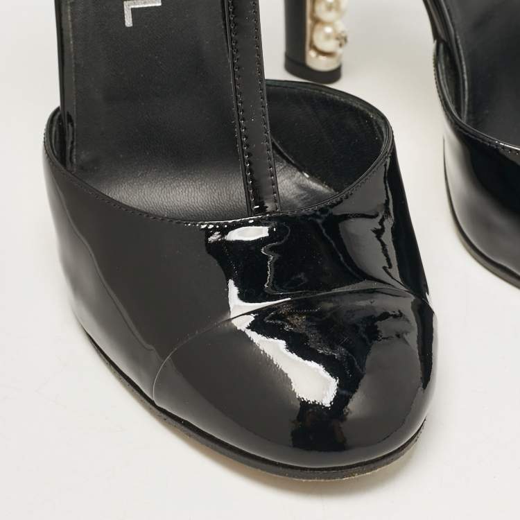 Pre Owned Chanel Black Patent Leather CC Faux Pearl Heel T-Strap Pumps Size 36.5