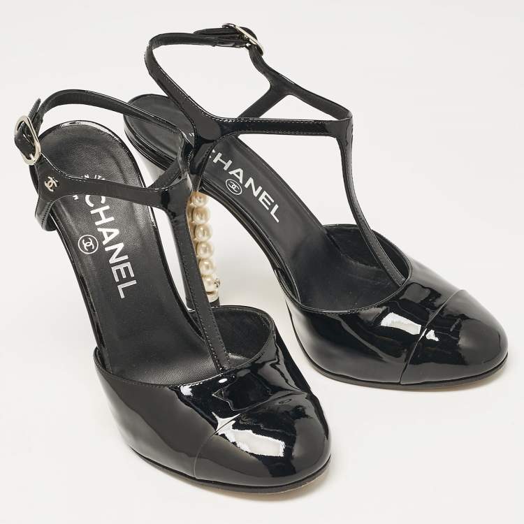 Pre Owned Chanel Black Patent Leather CC Faux Pearl Heel T-Strap Pumps Size 36.5