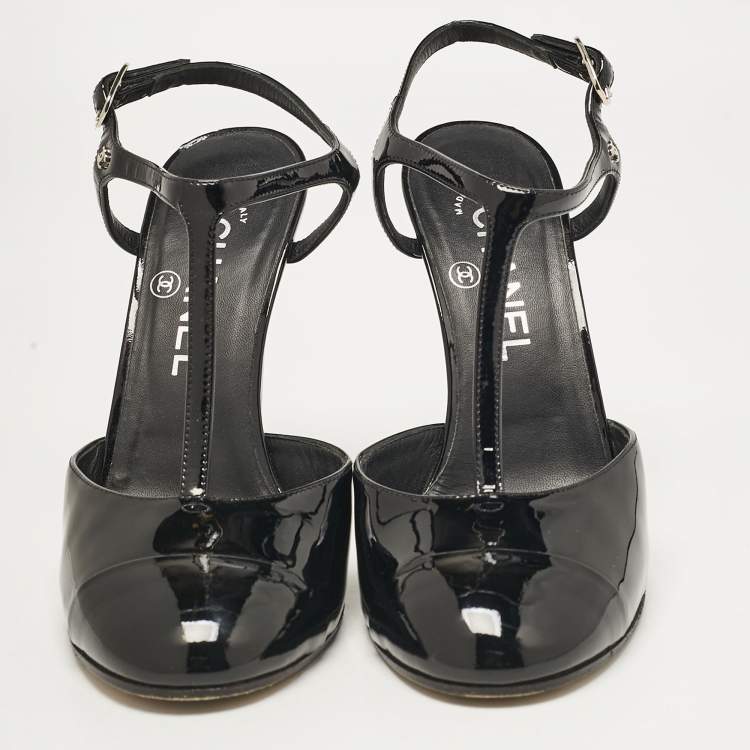 Pre Owned Chanel Black Patent Leather CC Faux Pearl Heel T-Strap Pumps Size 36.5