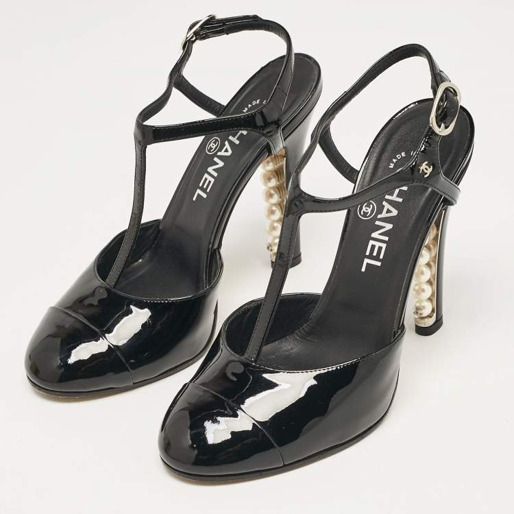 Pre Owned Chanel Black Patent Leather CC Faux Pearl Heel T-Strap Pumps Size 36.5