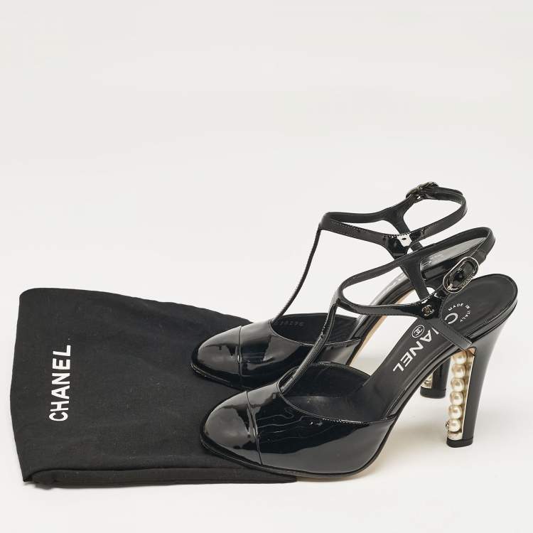 Pre Owned Chanel Black Patent Leather CC Faux Pearl Heel T-Strap Pumps Size 36.5