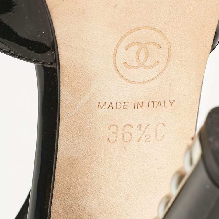 Pre Owned Chanel Black Patent Leather CC Faux Pearl Heel T-Strap Pumps Size 36.5