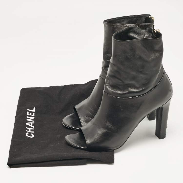 Pre Owned Chanel Black Leather CC Open Toe  Ankle Length Boots Size 36.5