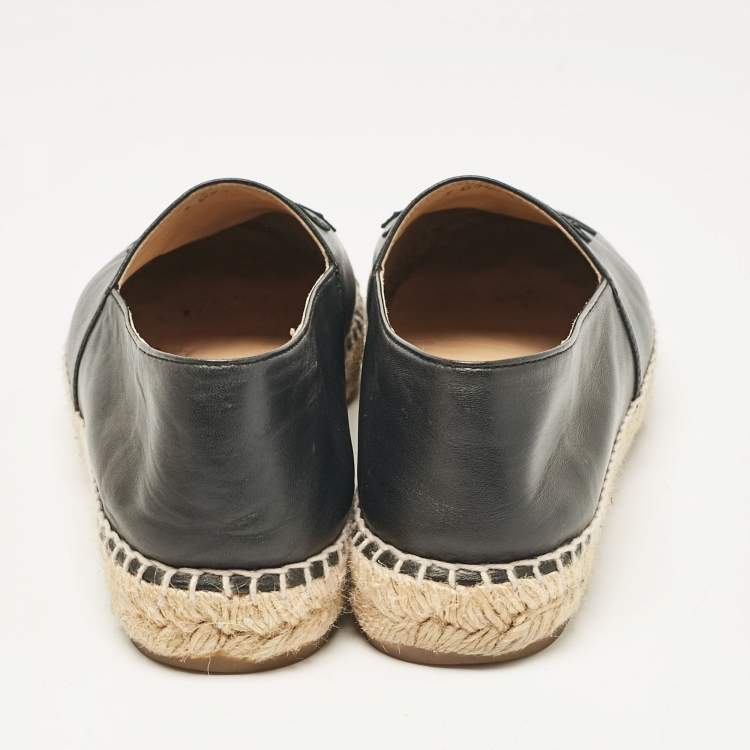 Pre Owned Chanel Black Leather CC Cap Toe Slip On Espadrille Flats Size 39