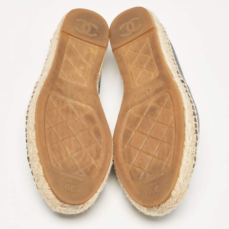 Pre Owned Chanel Black Leather CC Cap Toe Slip On Espadrille Flats Size 39