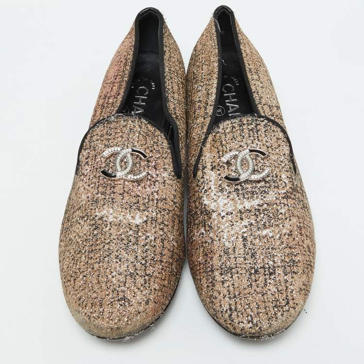 Pre Owned Chanel Multicolor Metallic Fabric CC Smoking Slippers Size 38.5