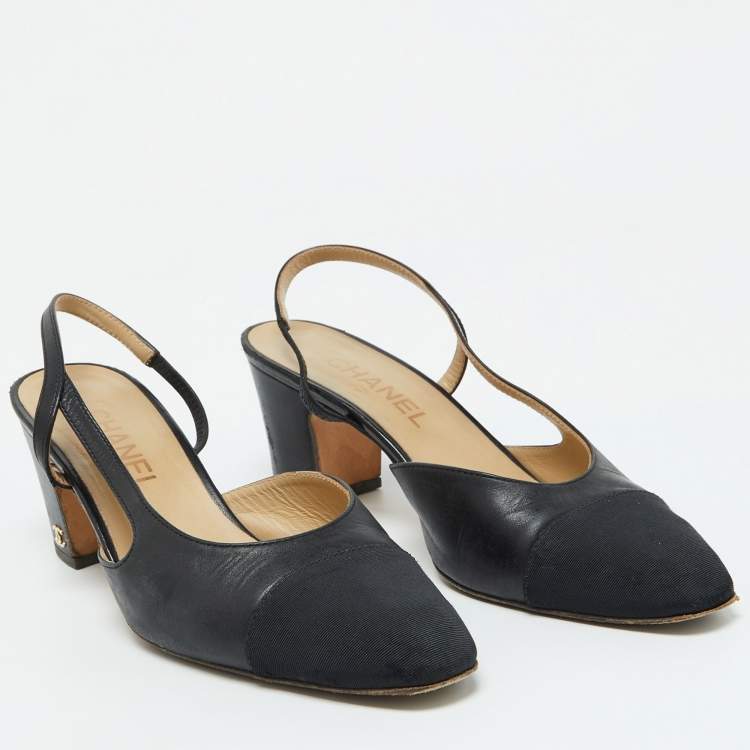 Pre Owned Chanel Black Leather and Fabric CC Cap Toe Slingback Pumps Size 38