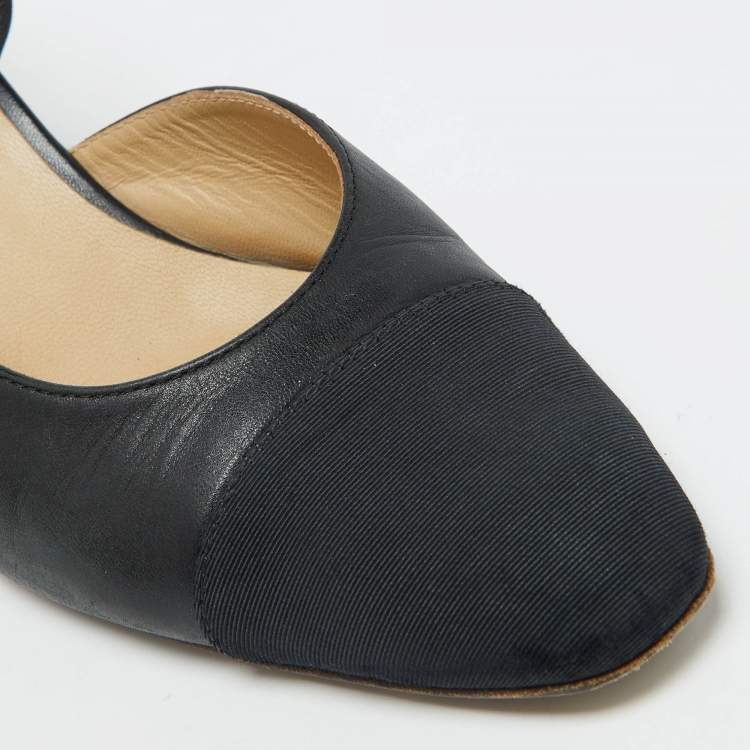 Pre Owned Chanel Black Leather and Fabric CC Cap Toe Slingback Pumps Size 38