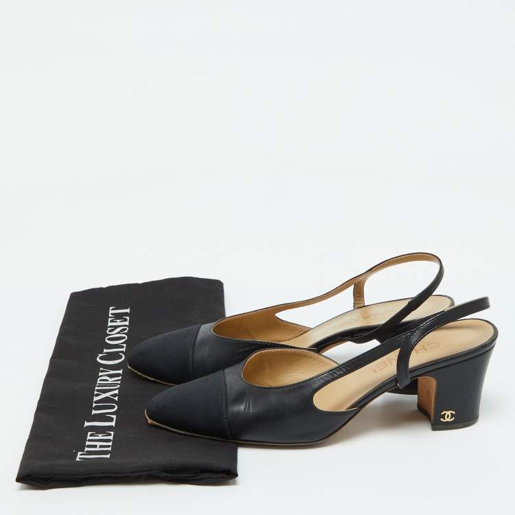 Pre Owned Chanel Black Leather and Fabric CC Cap Toe Slingback Pumps Size 38