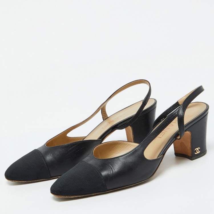 Pre Owned Chanel Black Leather and Fabric CC Cap Toe Slingback Pumps Size 38