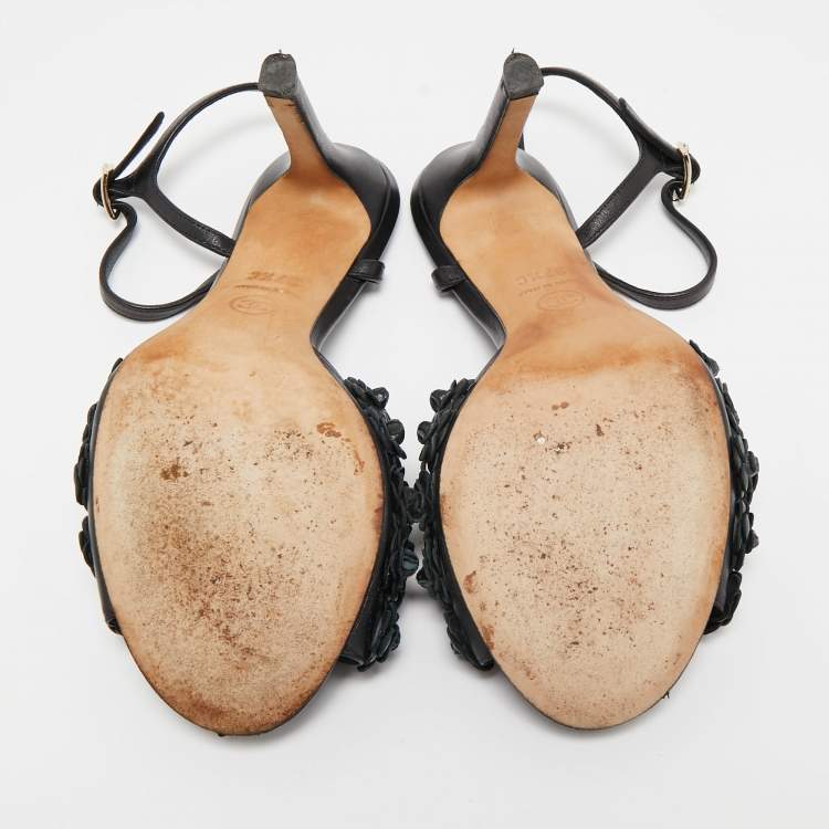 Pre Owned Chanel Black Leather Camellia Applique Ankle Strap Sandals Size 37.5
