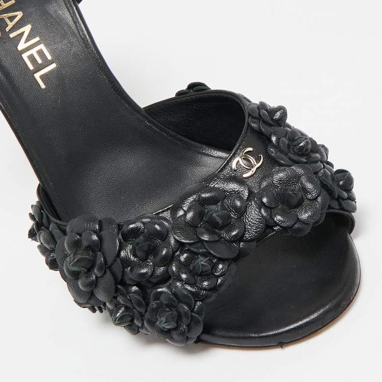 Pre Owned Chanel Black Leather Camellia Applique Ankle Strap Sandals Size 37.5
