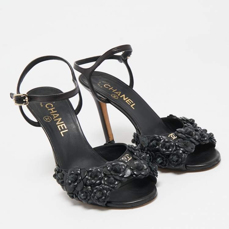 Pre Owned Chanel Black Leather Camellia Applique Ankle Strap Sandals Size 37.5