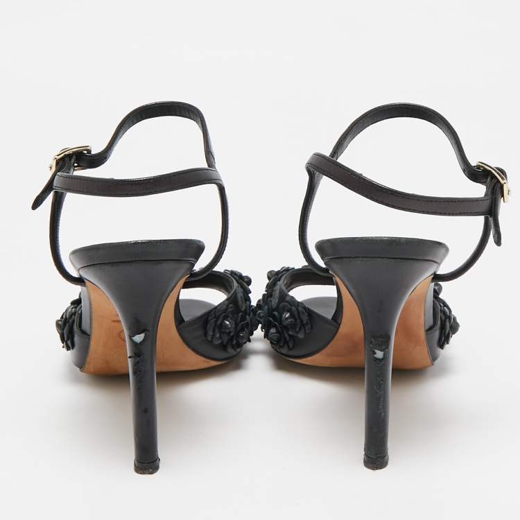Pre Owned Chanel Black Leather Camellia Applique Ankle Strap Sandals Size 37.5