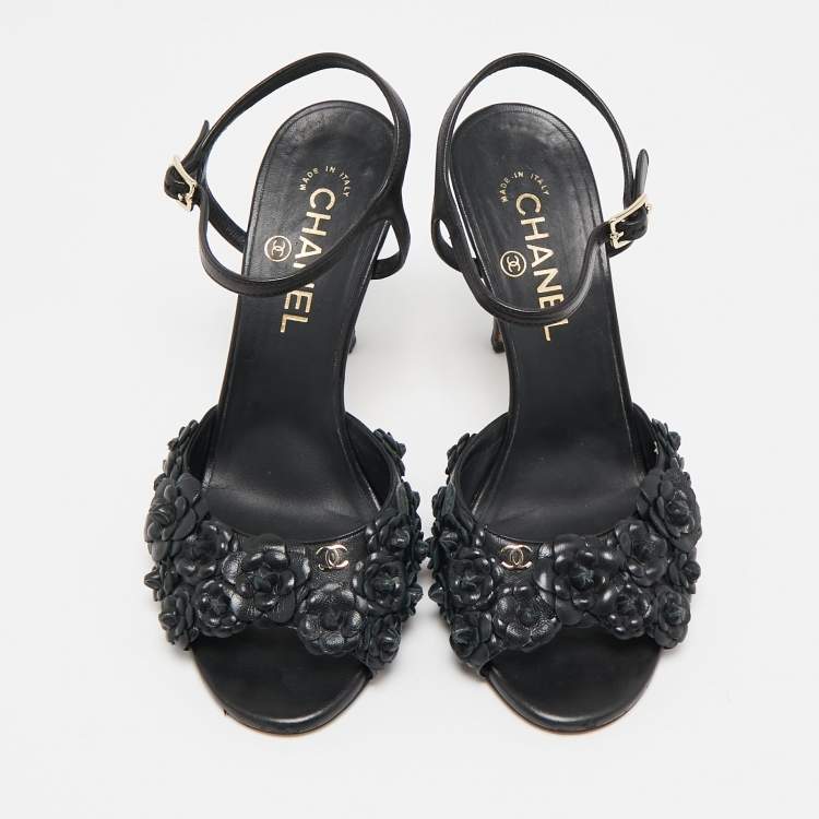 Pre Owned Chanel Black Leather Camellia Applique Ankle Strap Sandals Size 37.5
