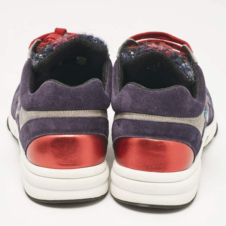 Pre Owned Chanel Tricolor Tweed and Suede CC Low Top Sneakers Size 40