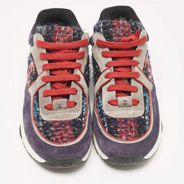 Pre Owned Chanel Tricolor Tweed and Suede CC Low Top Sneakers Size 40