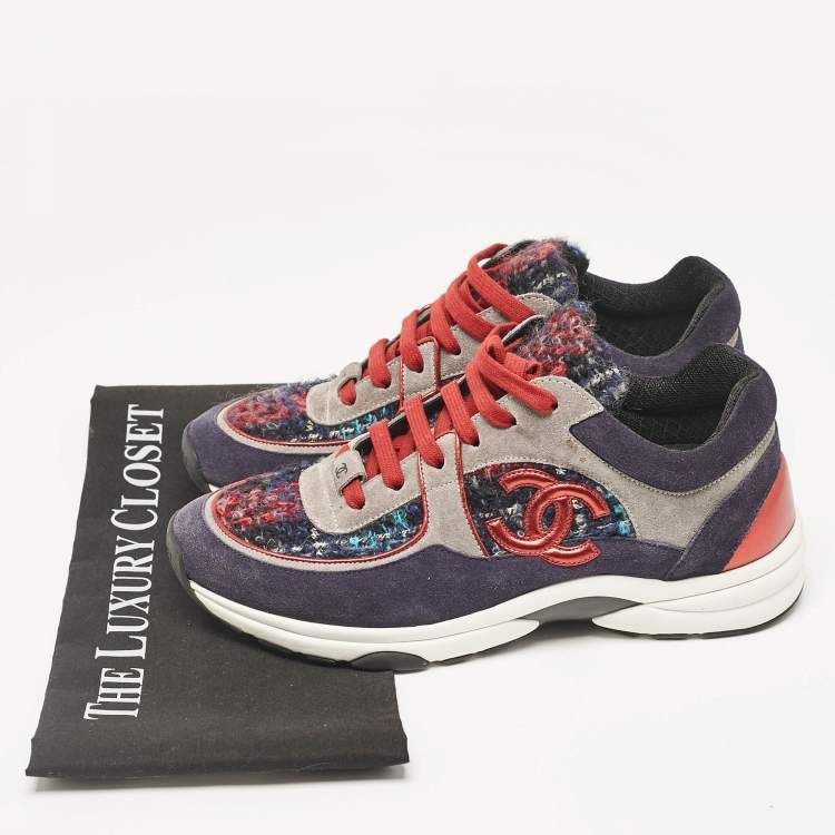 Pre Owned Chanel Tricolor Tweed and Suede CC Low Top Sneakers Size 40