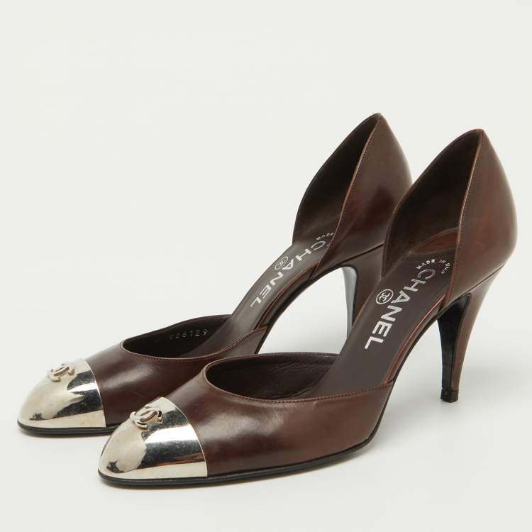 Pre Owned Chanel Dark Brown Leather CC Metal Cap Toe D'orsay Pumps Size 37.5