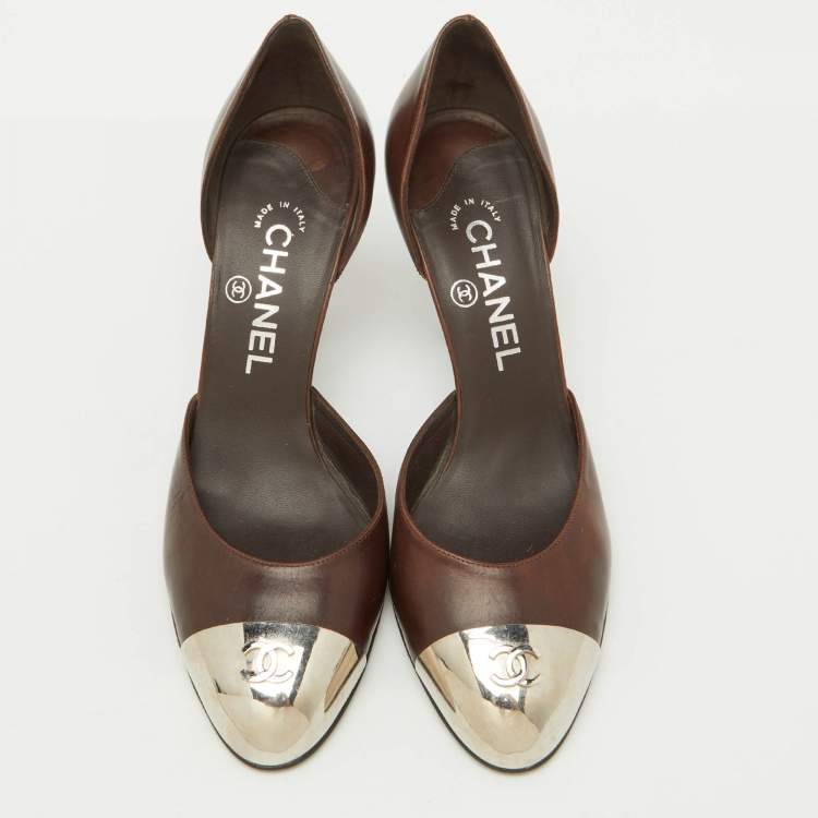 Pre Owned Chanel Dark Brown Leather CC Metal Cap Toe D'orsay Pumps Size 37.5