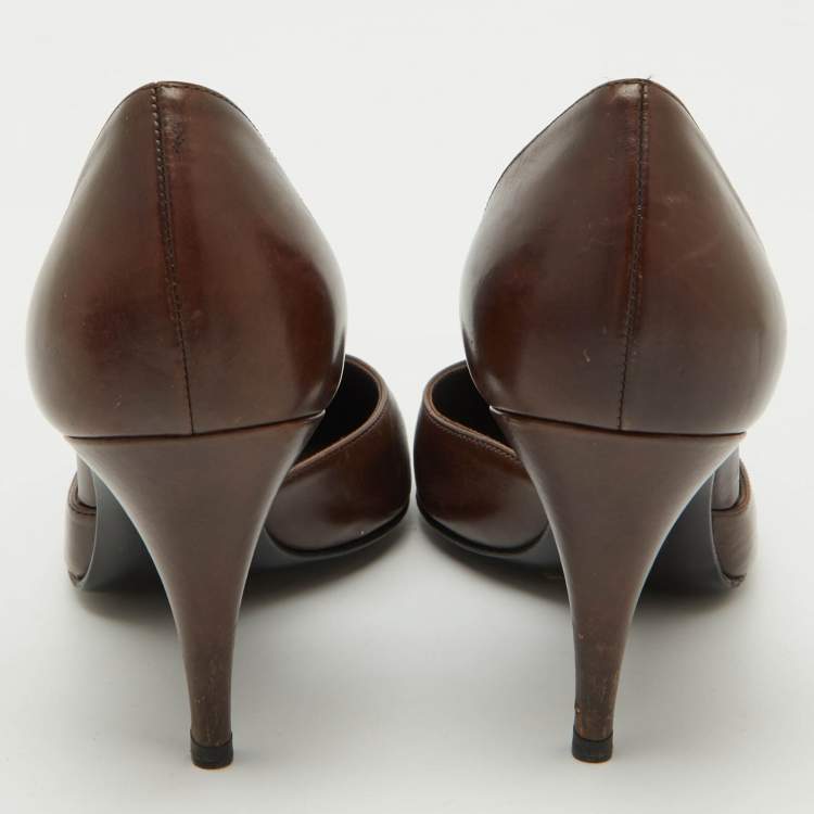 Pre Owned Chanel Dark Brown Leather CC Metal Cap Toe D'orsay Pumps Size 37.5