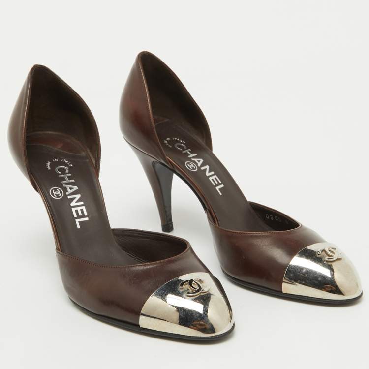 Pre Owned Chanel Dark Brown Leather CC Metal Cap Toe D'orsay Pumps Size 37.5