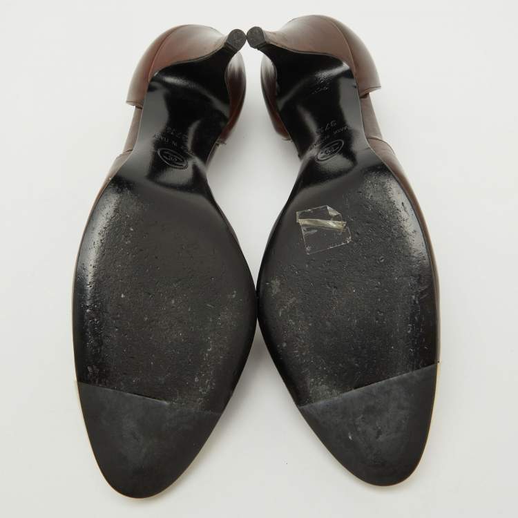 Pre Owned Chanel Dark Brown Leather CC Metal Cap Toe D'orsay Pumps Size 37.5