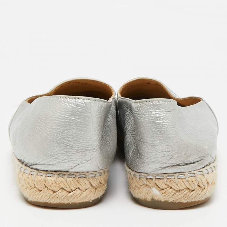 Pre Owned Chanel Silver/Black Leather CC Cap Toe Logo Espadrille Flats Size 41