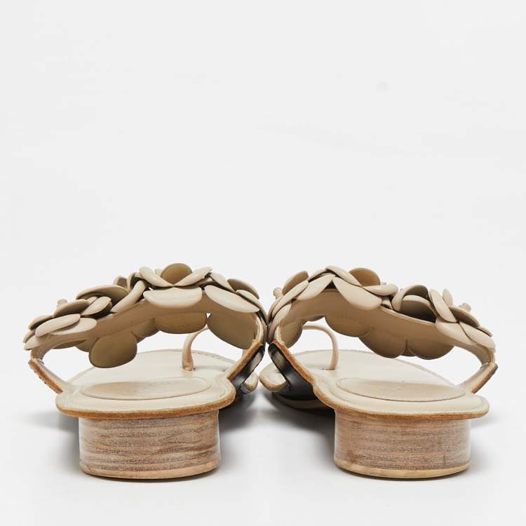 Pre Owned Chanel Cream Leather Camellia Toe Ring Flat Sandals Size 39