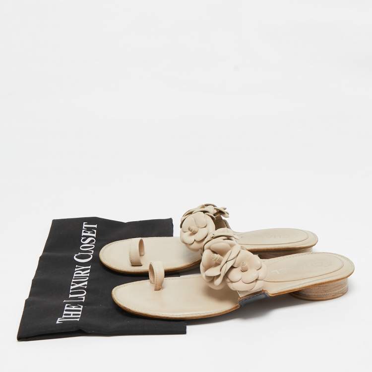 Pre Owned Chanel Cream Leather Camellia Toe Ring Flat Sandals Size 39