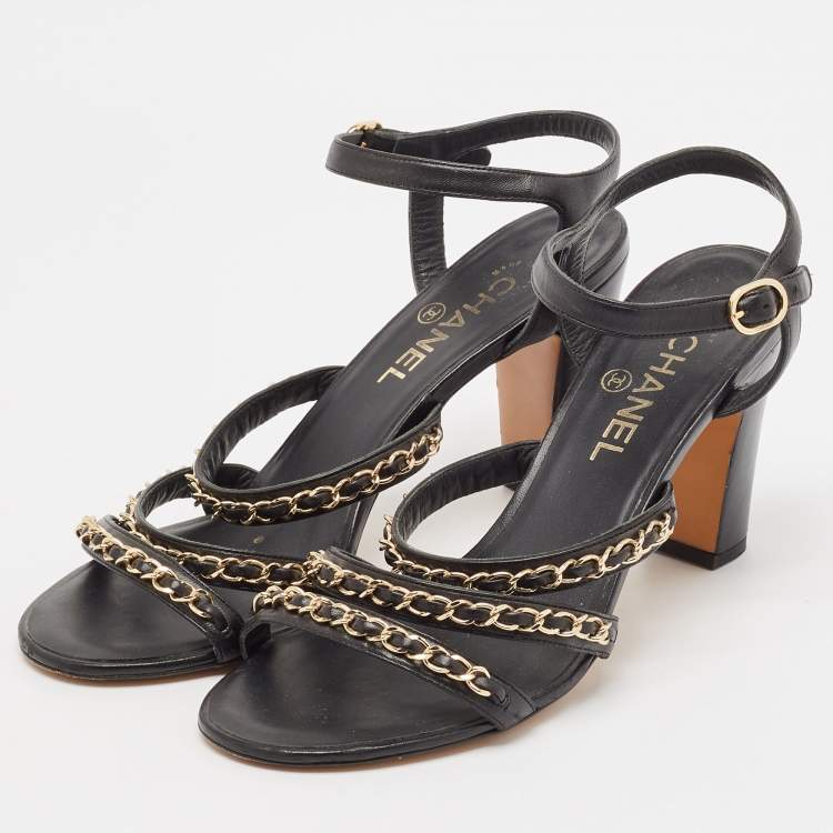 Chanel Black Leather CC Chain Detail Ankle Strap Sandals Size 39.5