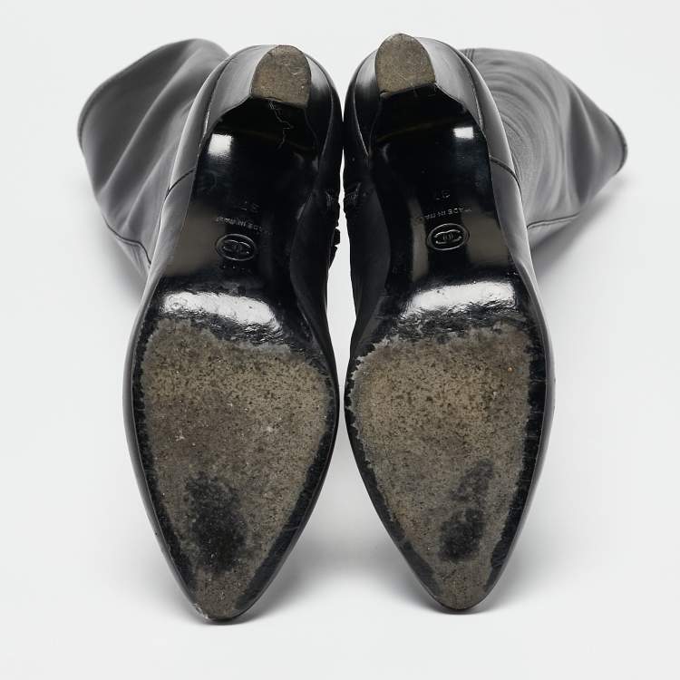 Pre Owned Chanel Black Leather CC Cap Toe Mid Calf Boots Size 37