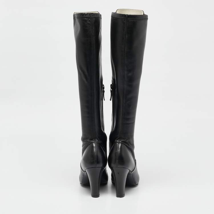 Pre Owned Chanel Black Leather CC Cap Toe Mid Calf Boots Size 37