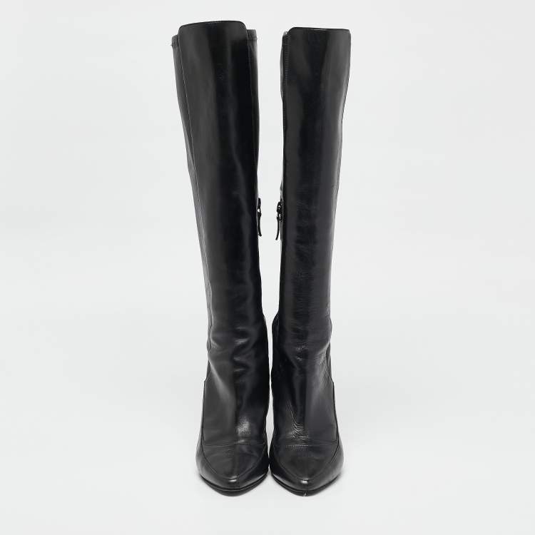 Pre Owned Chanel Black Leather CC Cap Toe Mid Calf Boots Size 37