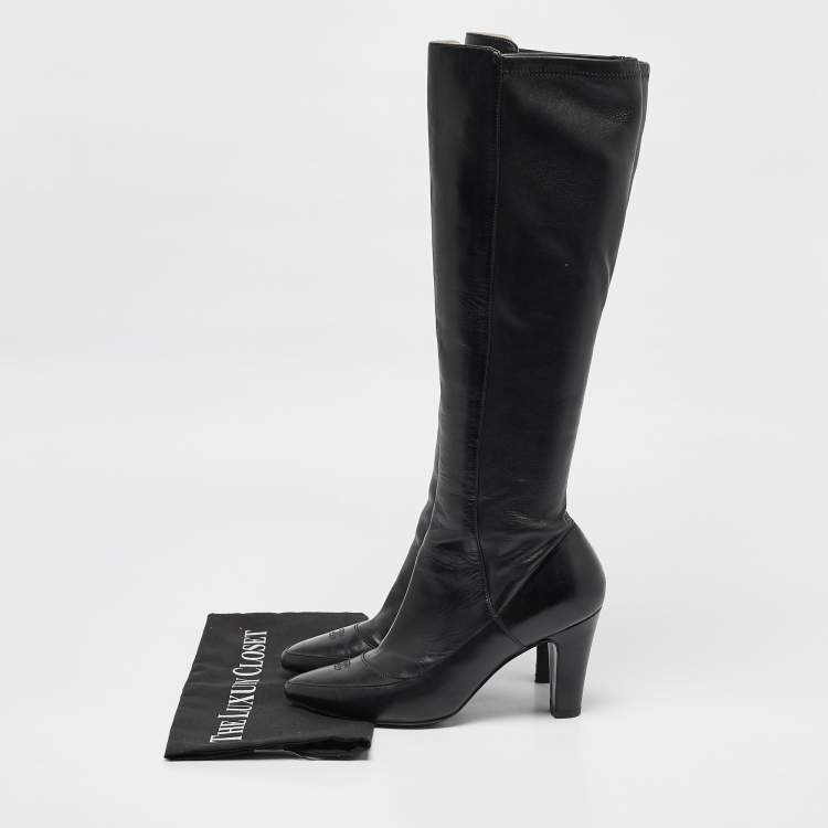 Pre Owned Chanel Black Leather CC Cap Toe Mid Calf Boots Size 37