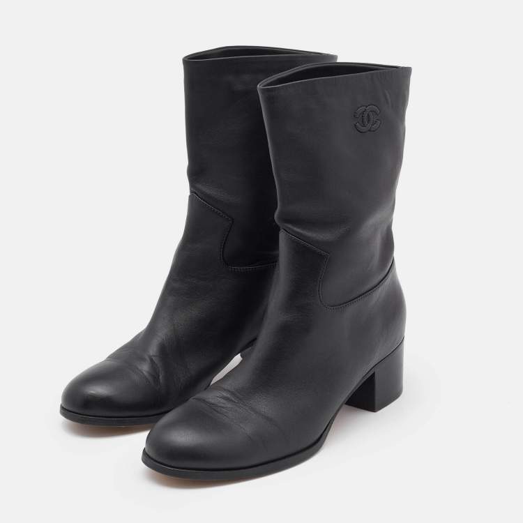Pre Owned Chanel Black Leather CC Ankle Length Boots Size 41