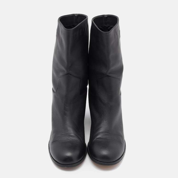 Pre Owned Chanel Black Leather CC Ankle Length Boots Size 41