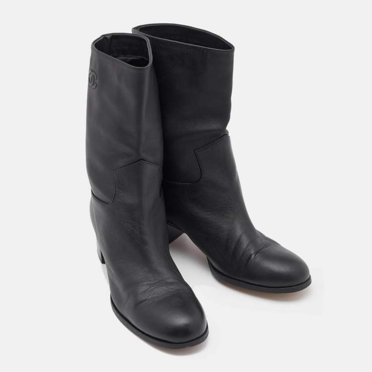 Pre Owned Chanel Black Leather CC Ankle Length Boots Size 41