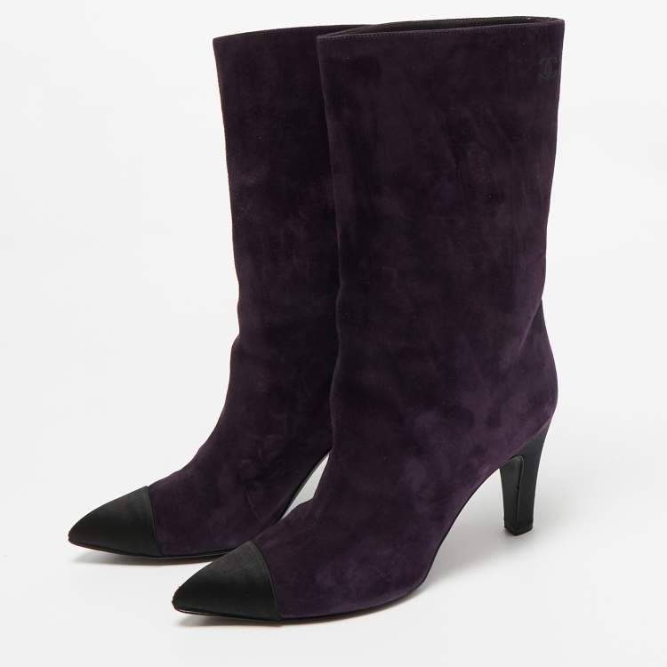 Pre Owned Chanel Purple/Black Suede and Satin CC Mid Calf Boots Size 39.5