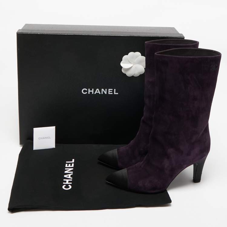Pre Owned Chanel Purple/Black Suede and Satin CC Mid Calf Boots Size 39.5