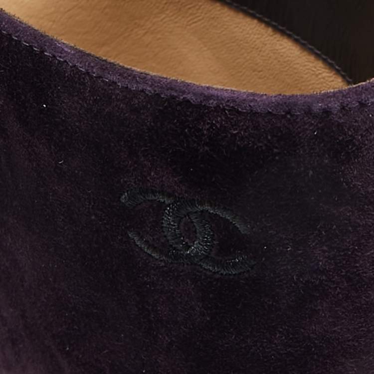 Pre Owned Chanel Purple/Black Suede and Satin CC Mid Calf Boots Size 39.5