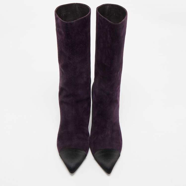 Pre Owned Chanel Purple/Black Suede and Satin CC Mid Calf Boots Size 39.5